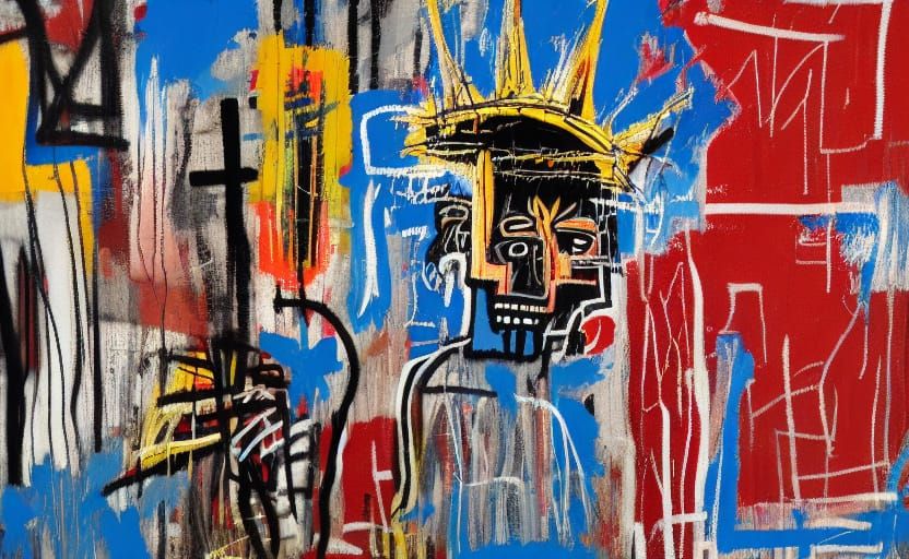 Boy and Dog in Field as Basquiat-Style Painting