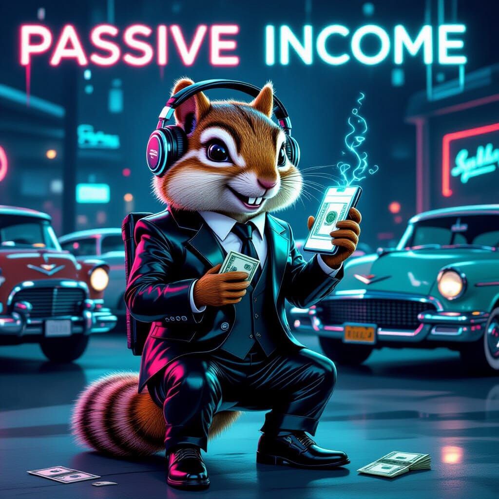 Futuristic Chipmunk Promotes Passive Income, Neon Accents