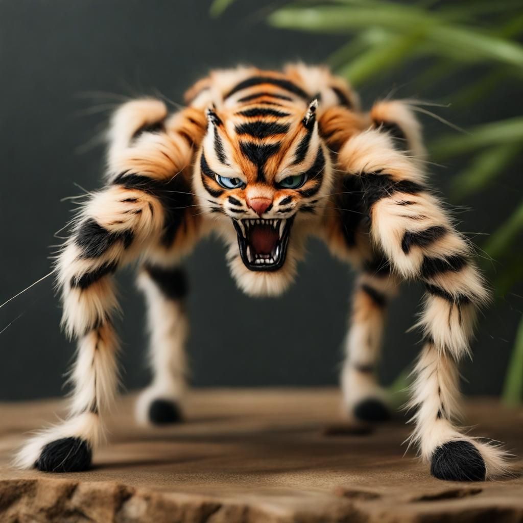 Spider tiger with 6 legs, hairy furry, cat like tiger with many legs insetoid tiger