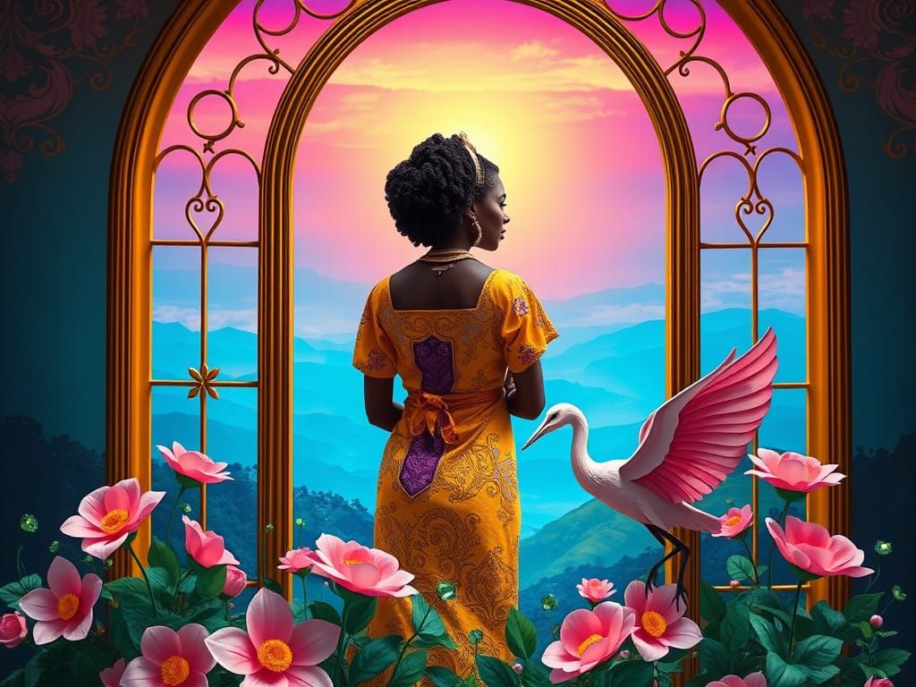 Elegant Black Princess with Paper Heron Sculpture