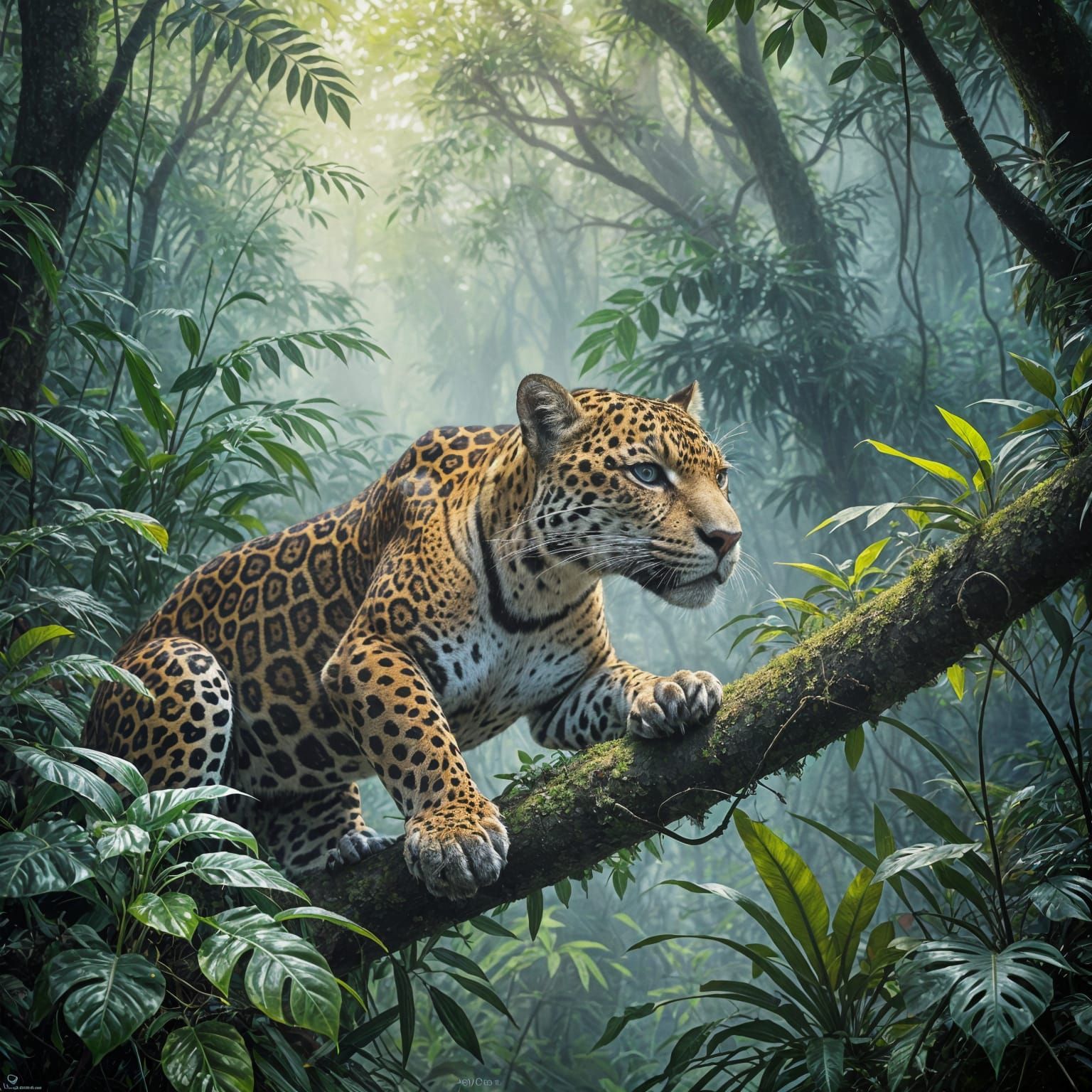 Jaguar in Jungle: Oil Painting with Watercolor Vignette