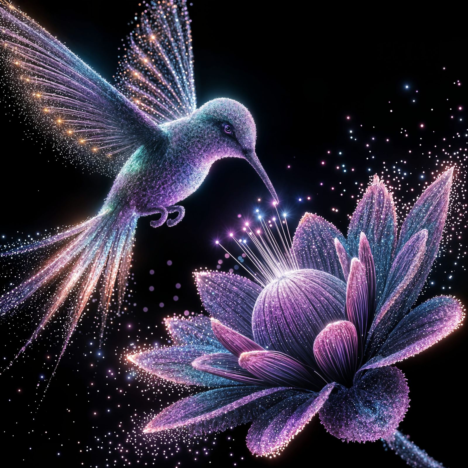 Iridescent Hummingbird Created from Light Over Purple Flower