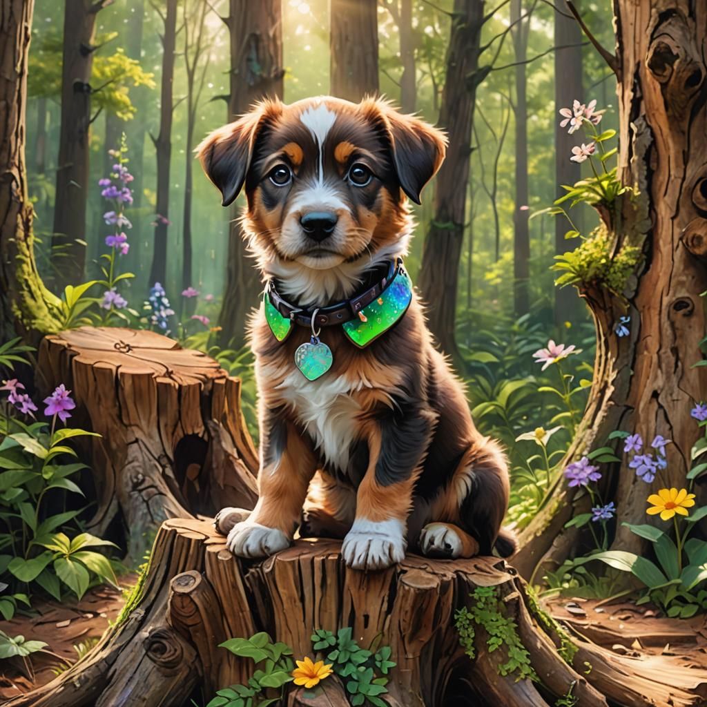 Whimsical Forest Puppy with Colorful Collars
