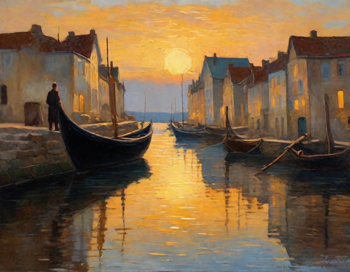 Ancient Harbor at Dawn: Neo-Impressionist Painting