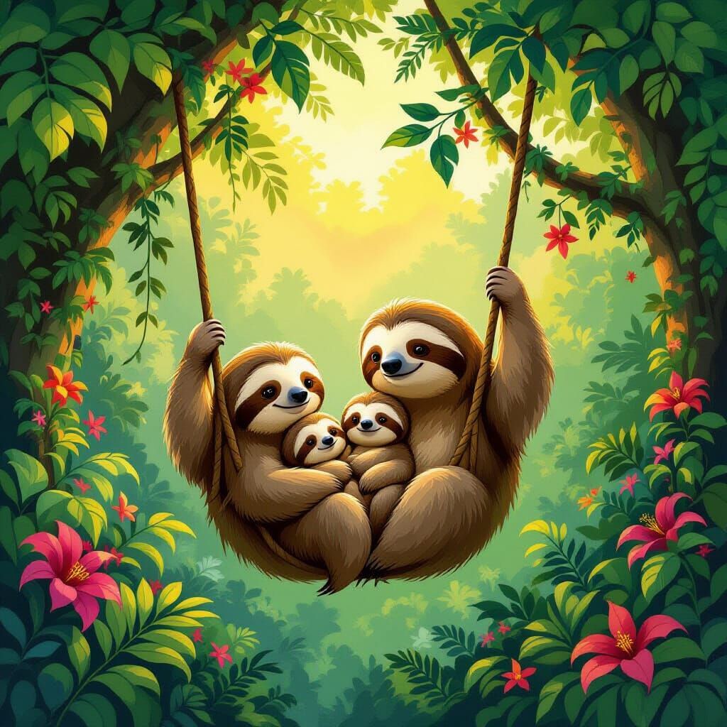 Sloth Family in Golden Hour Jungle