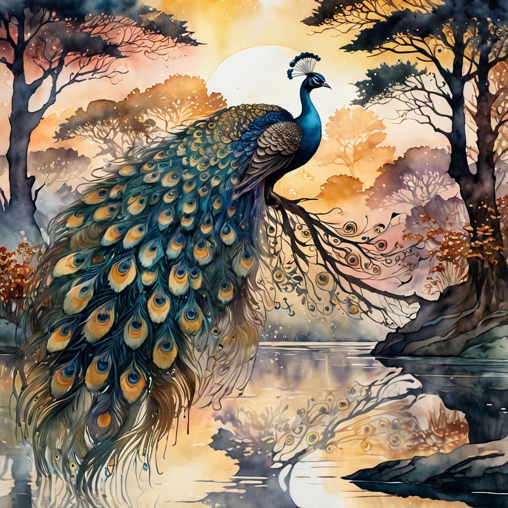 Peacock Sunset: Dark Fantasy Watercolor Art