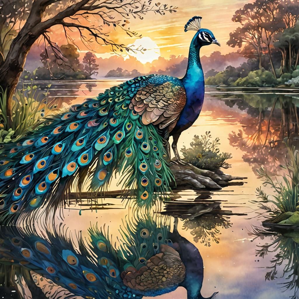 Peacock Sunset: A Dreamy Watercolor Painting