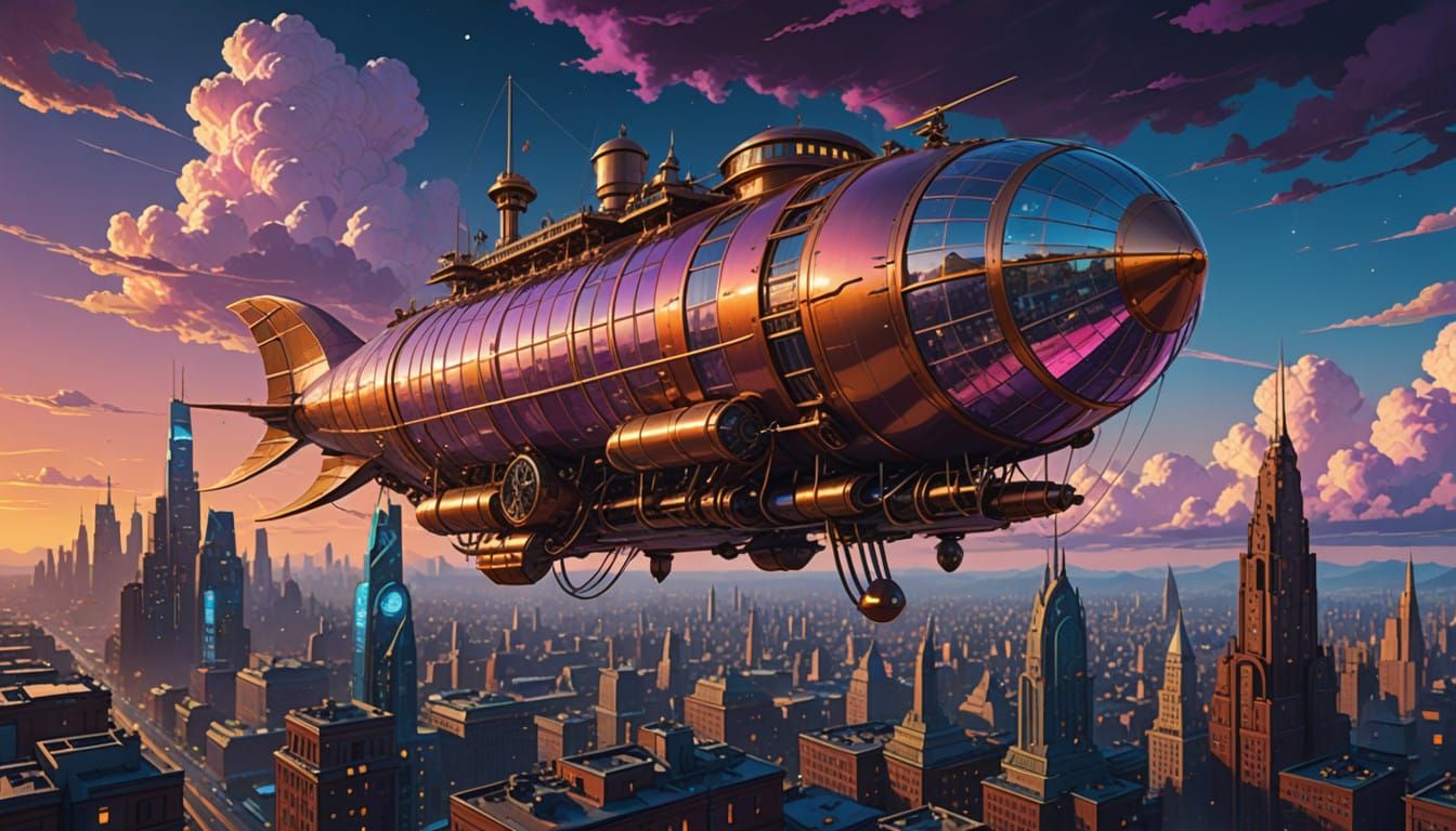 Steampunk Airship Soars Over Futuristic Cloud City in Hyper-...