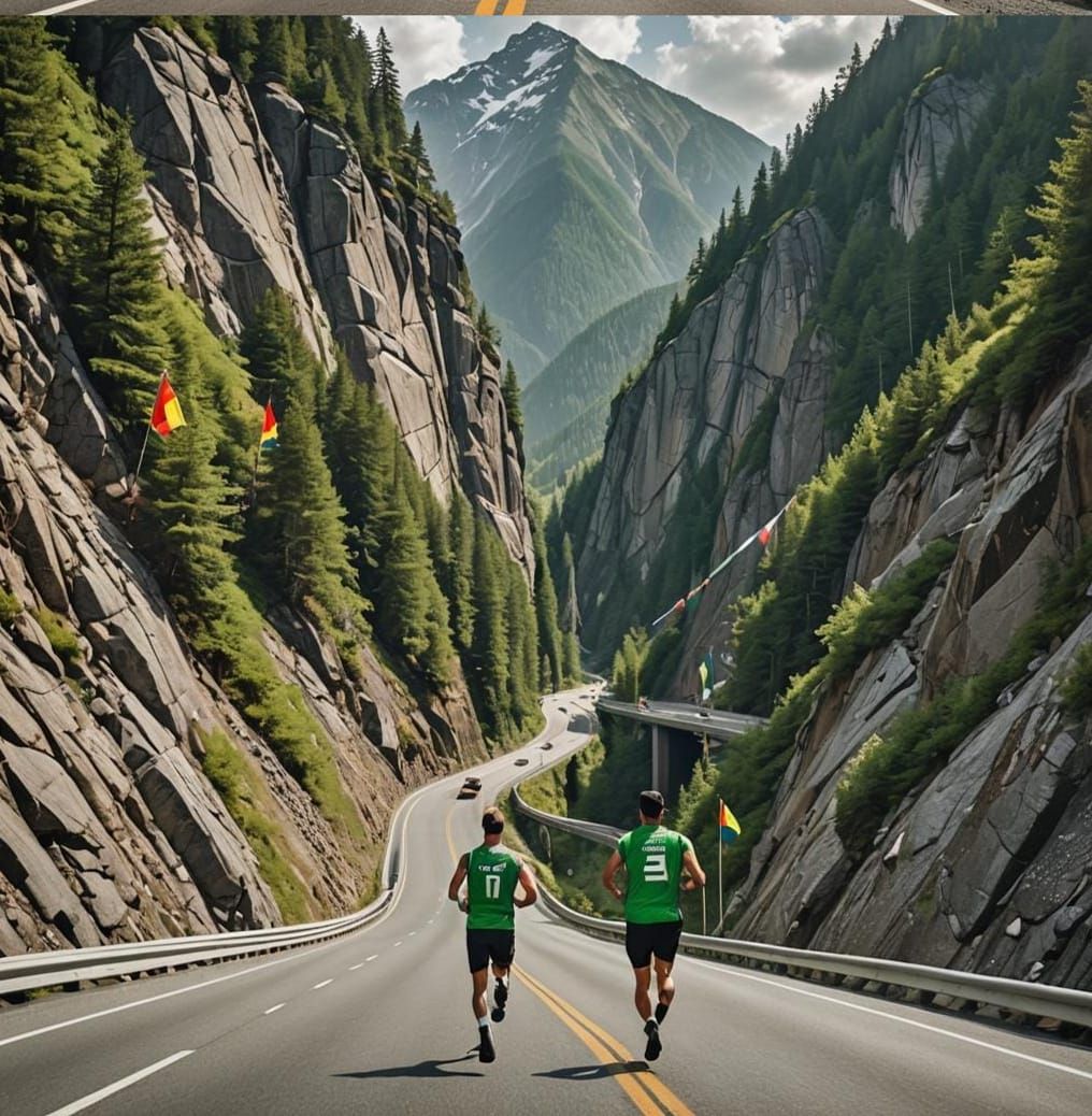 Determined Man Runs Up Mountain Highway at Sunrise