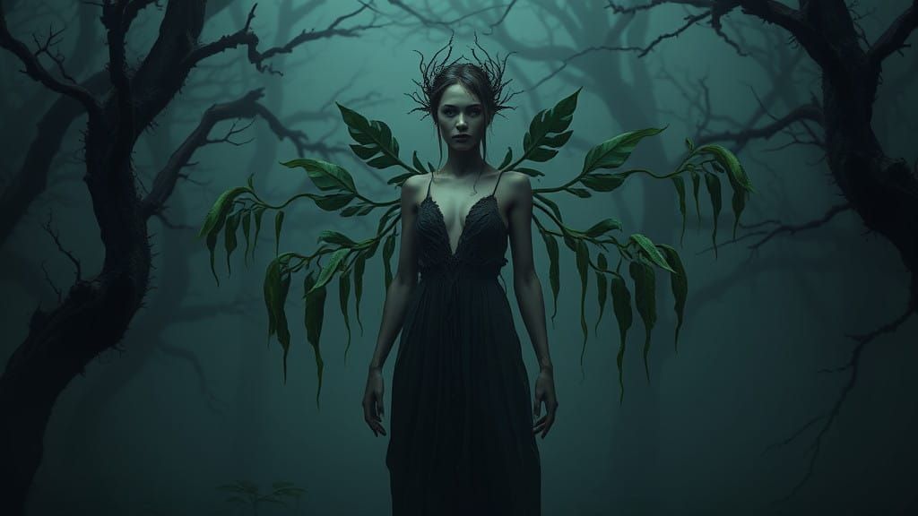 Botanical Hybrid Goddess in Dark, Misty Swamp