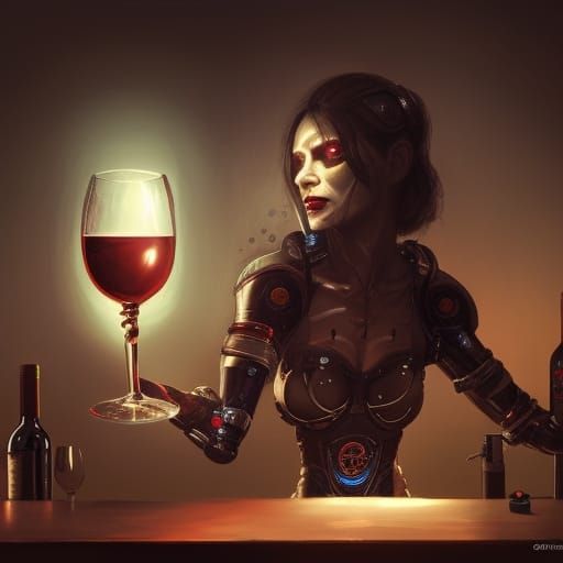 Cyborg Bartender in High-Resolution Dark Fantasy Style