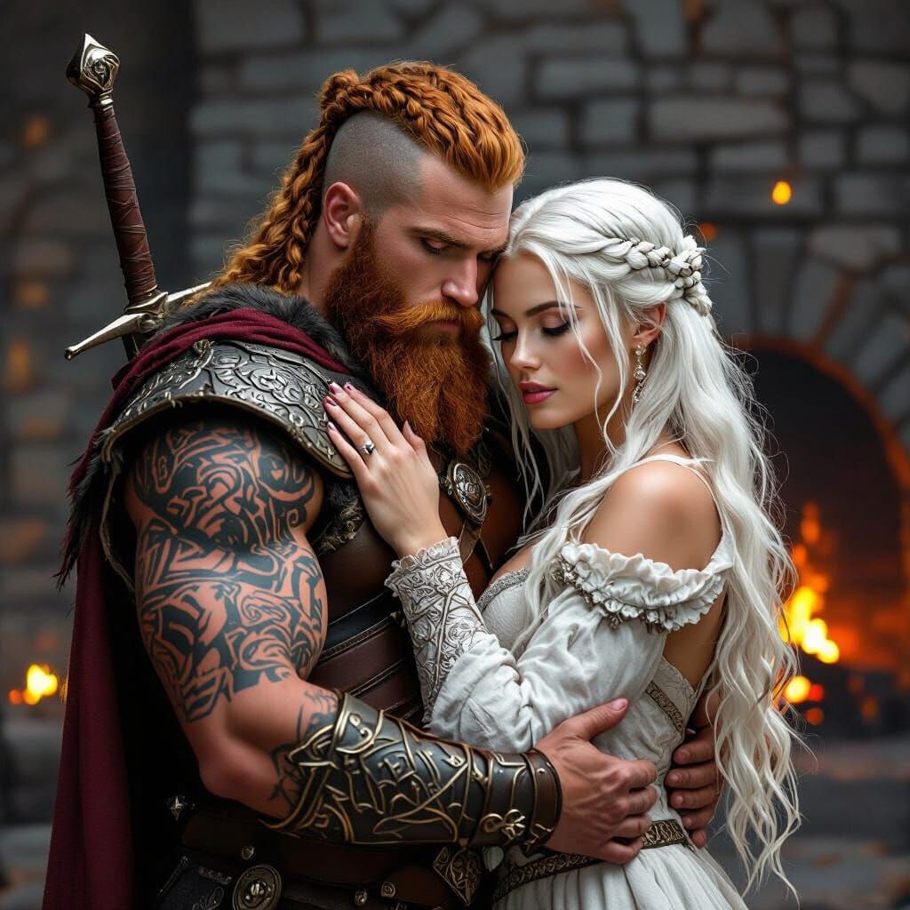 Viking Warrior Embraces Ethereal Shield Maiden in Castle Cha...