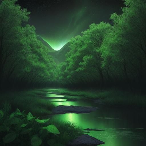 Martian River of Green Leaves in Tranquil Harmony