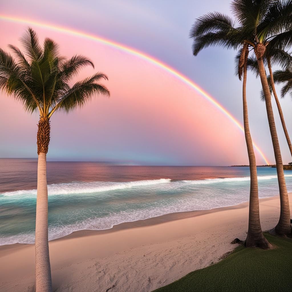 Pastel Rainbow Sunset Over Ocean with Palm Trees
