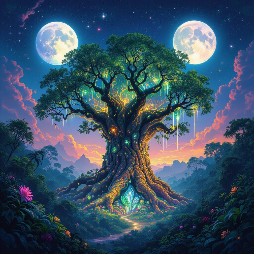 Ancient Bioluminescent Jungle Tree Under Alien Moons