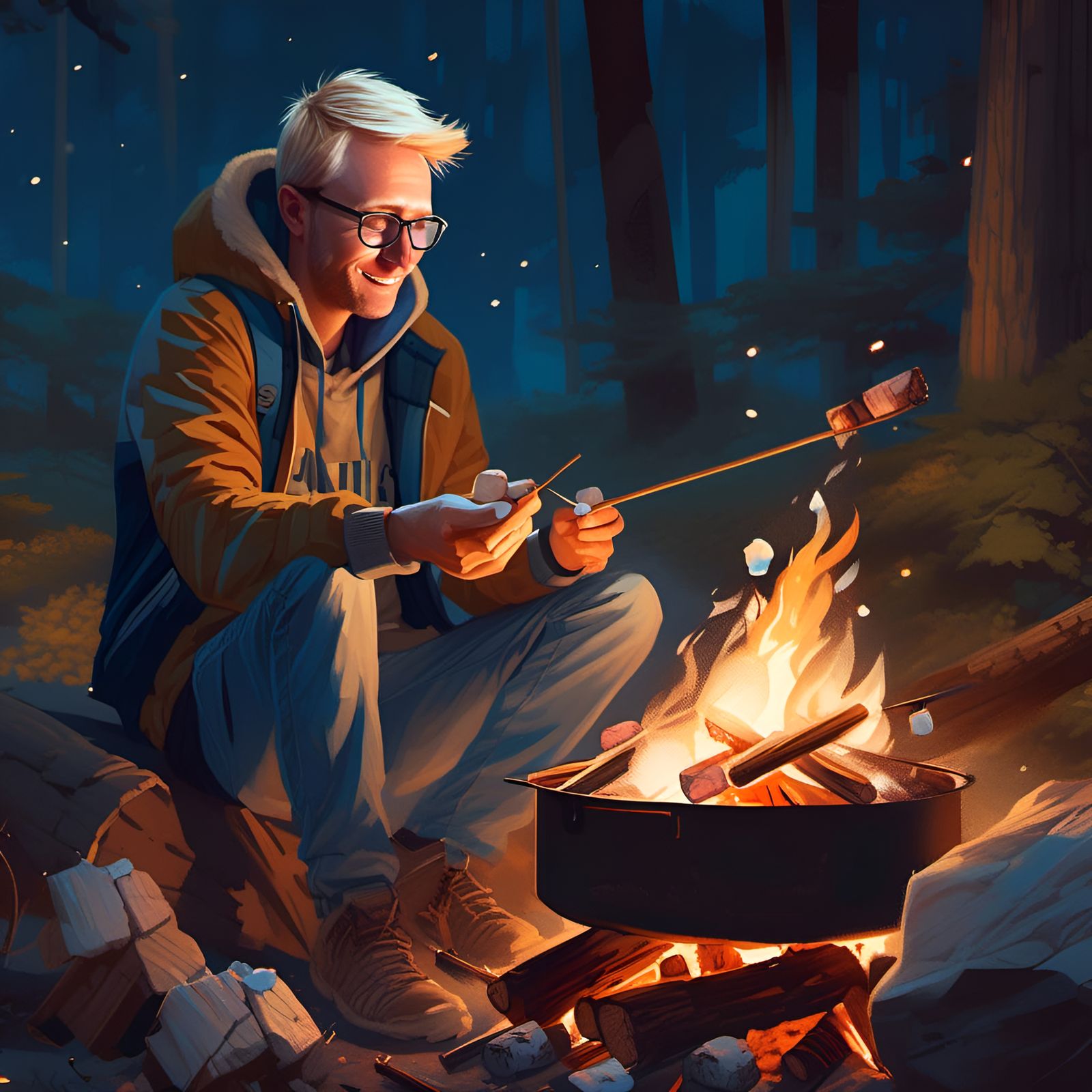 Man Roasting Marshmallows: Digital Illustration