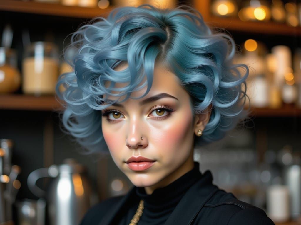 Euro-Indian Barista with Asymmetric Blue-Grey Hair and Neon ...