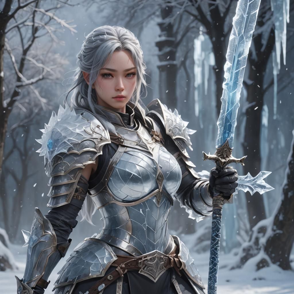 Ice Warrior in Anime Style with Ice Sword