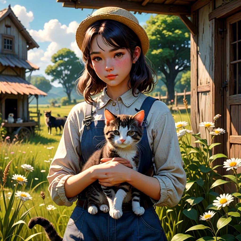 Retro-Style Girl and Kitten in Country Life Scene