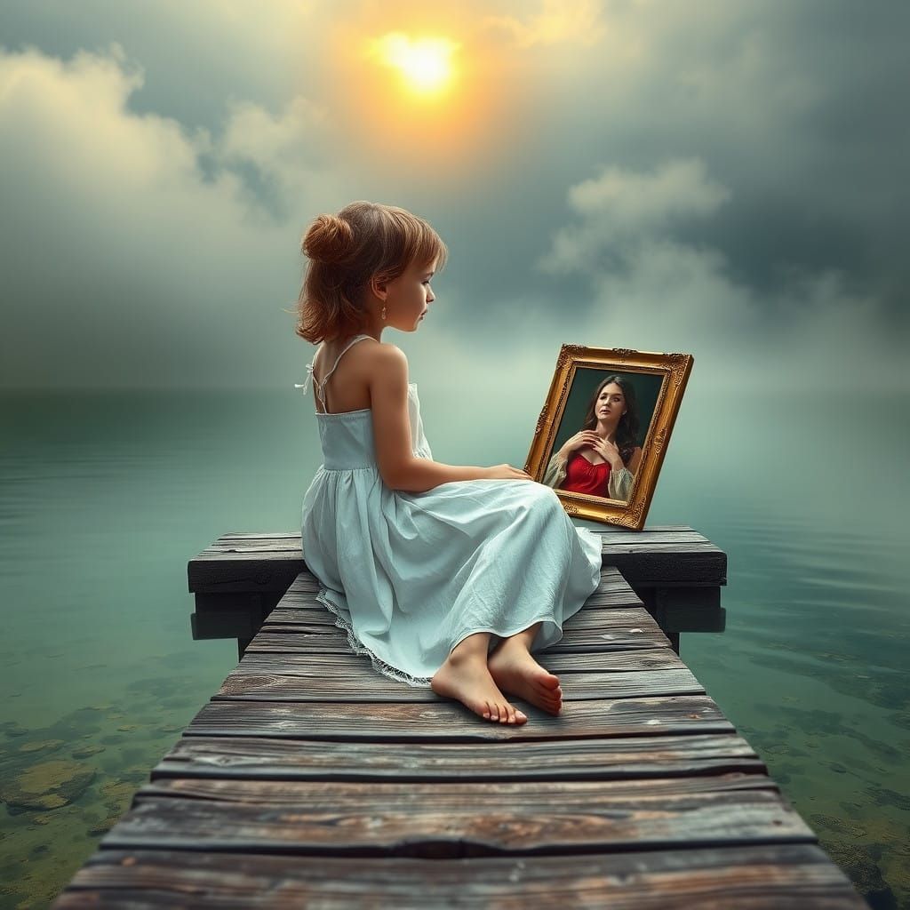 Sorrowful Girl Seeks Comfort from Loving Mother's Memory