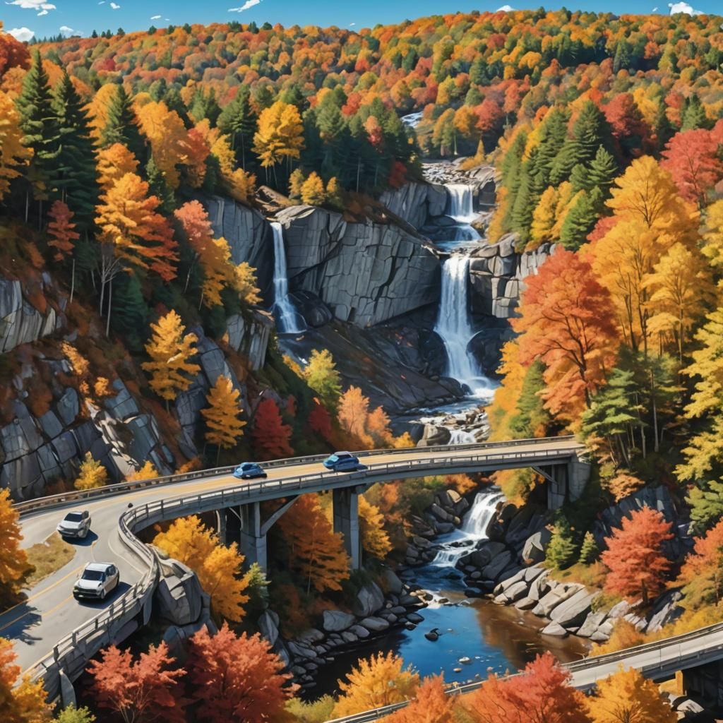 New Hampshire Autumn Scene in Mixed Media Style