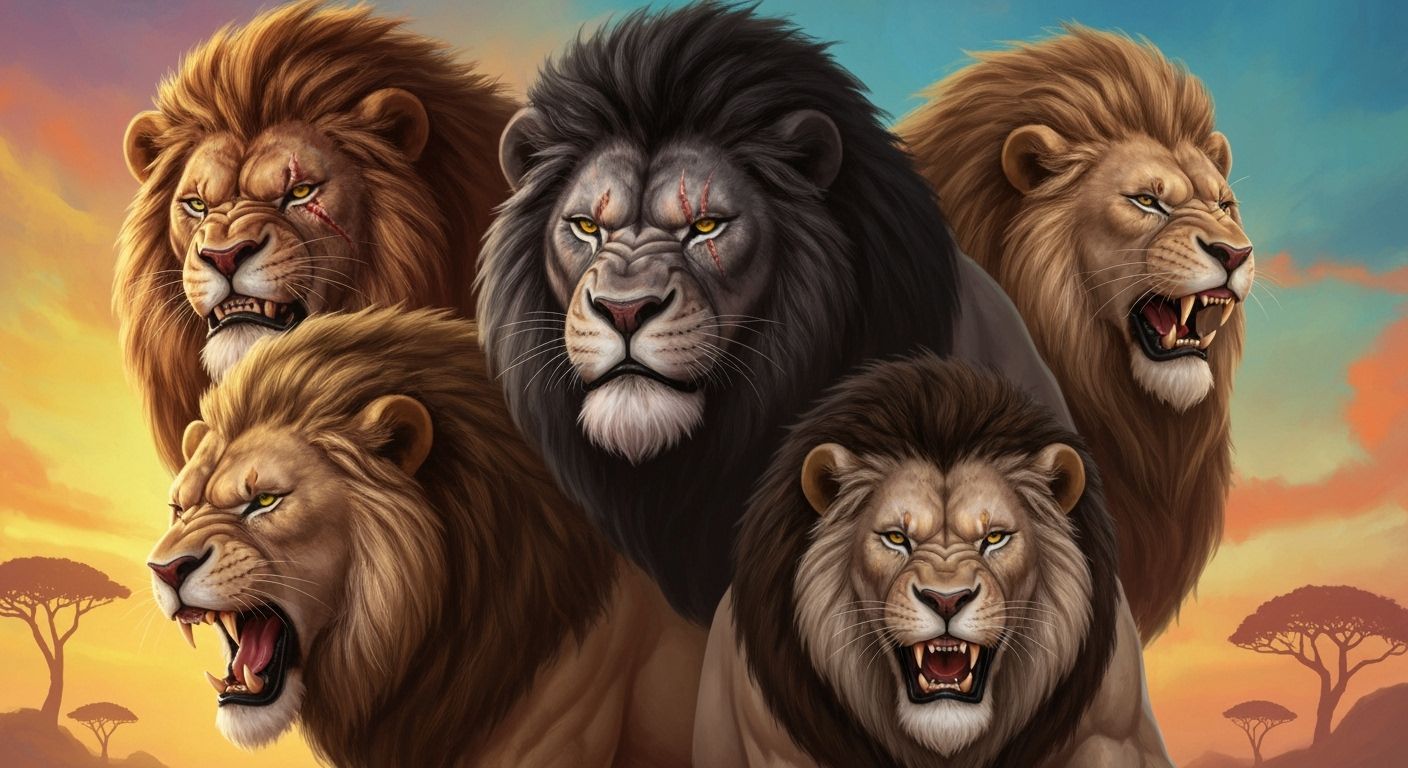 Five Aggressive Lions with Unique Characters