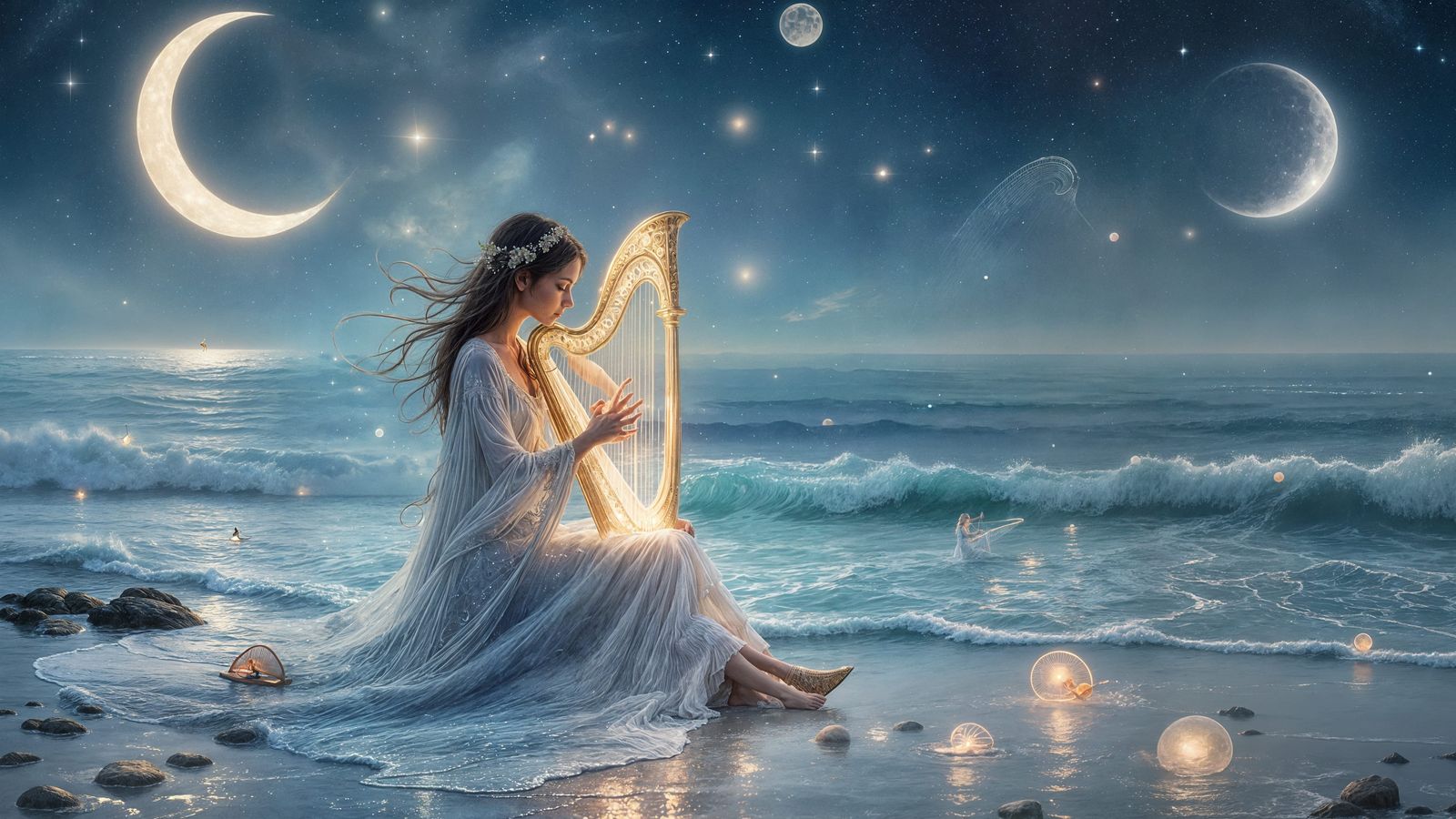 Dreamy Harpist on Moonlit Beach: Watercolor Art
