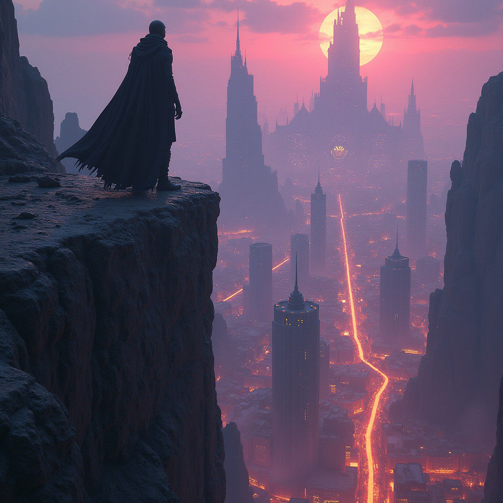 Cyberpunk Figure Overlooking Dystopian Cityscape