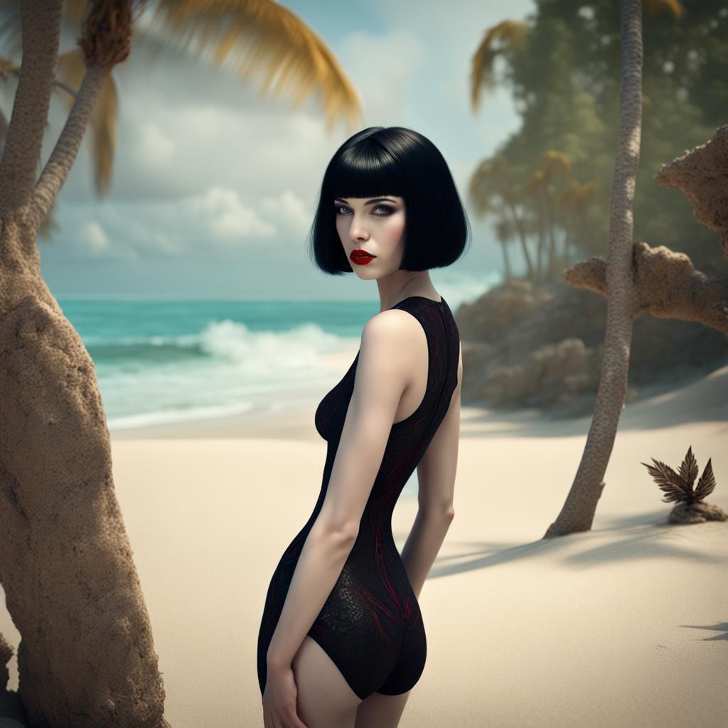 Gothic Woman on Tropical Beach, Detailed Digital Painting