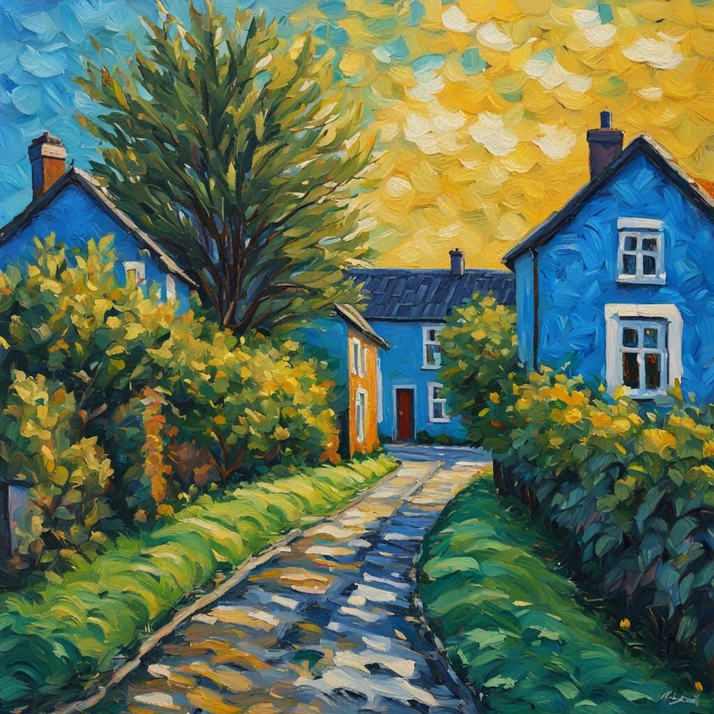Vibrant Village Scene in Neo-Impressionist Style