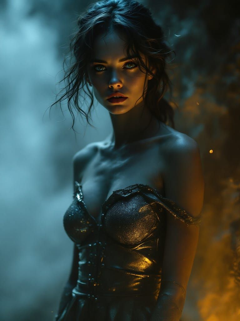 Pin-Up Woman in Golden Dress with Ethereal Fog