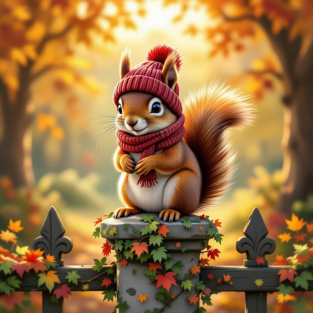 Scruffy Red Squirrel in Hat and Scarf on Autumn Gate Post