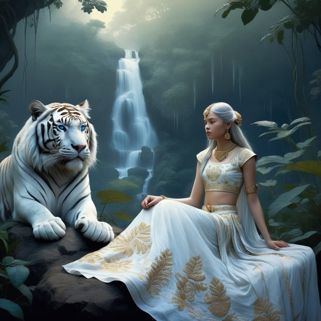Ethereal Realism of White Tiger and Blue Eyed Beauty