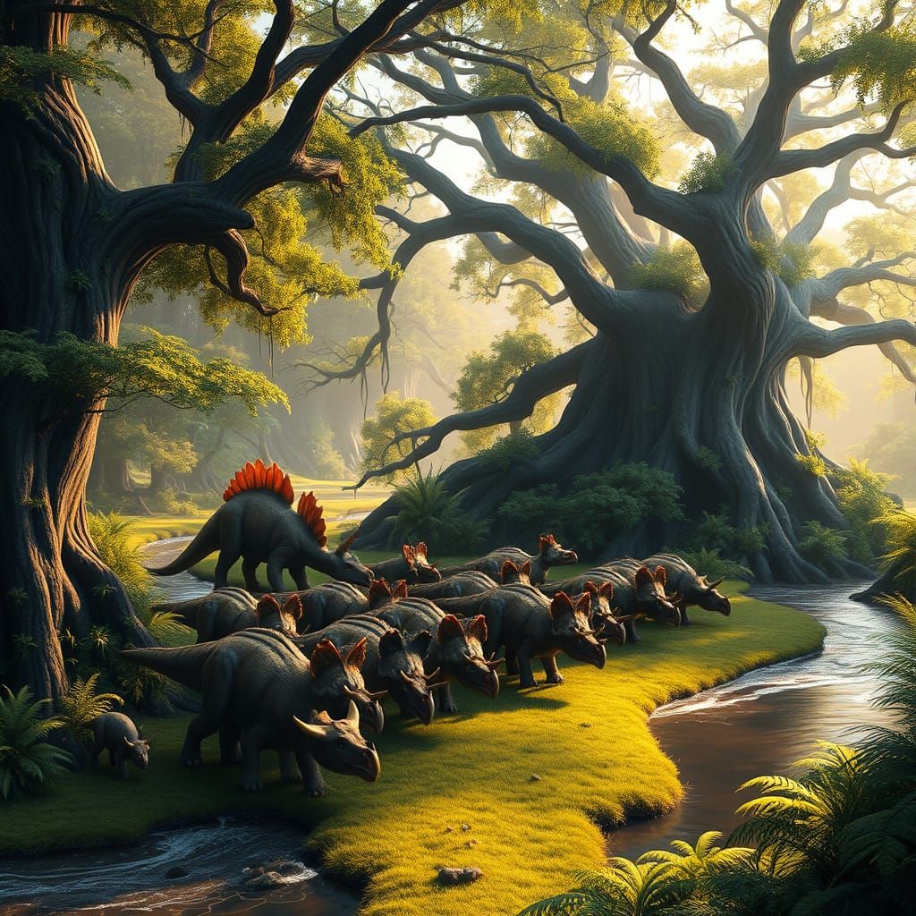Serene Herbivorous Dinosaurs in a Fantastical Landscape