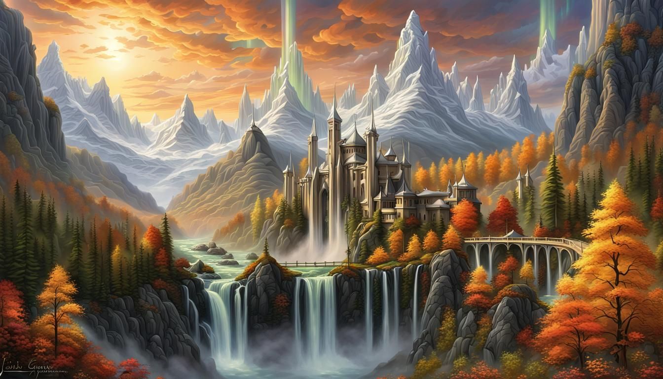 Elven Fortress with Waterfall in Autumn Dawn