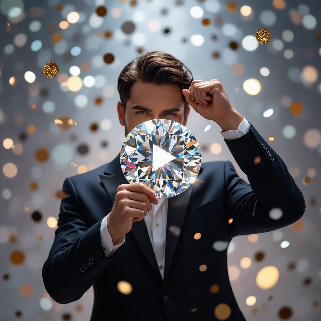 Triumphant Person Holding Diamond Play Button