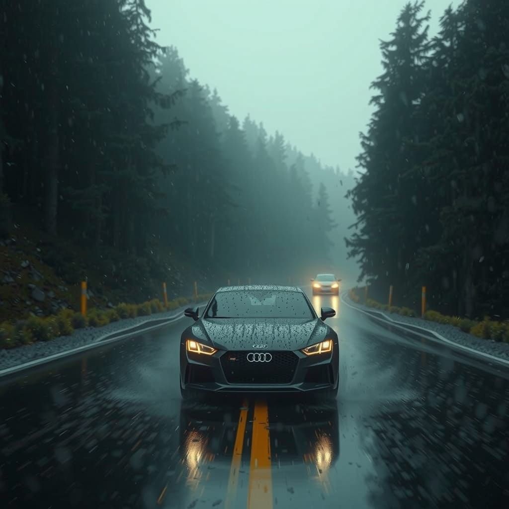 Driving a Car in Heavy Rain: Cinematic Mountain Road