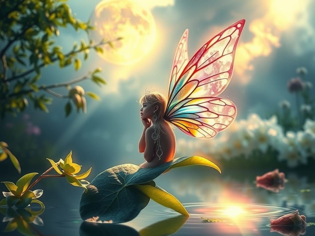 A solitary fairy with gorgeous iridescent wings shinning in ...