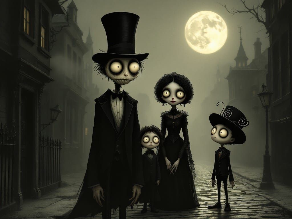 Whimsical Victorian Family in a Gothic Twilight Scene