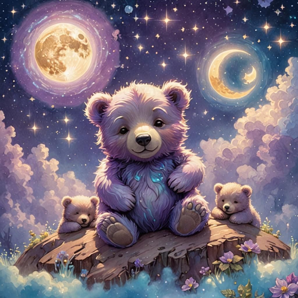 Chibi Bears Sleeping on a Bioluminescent Moon