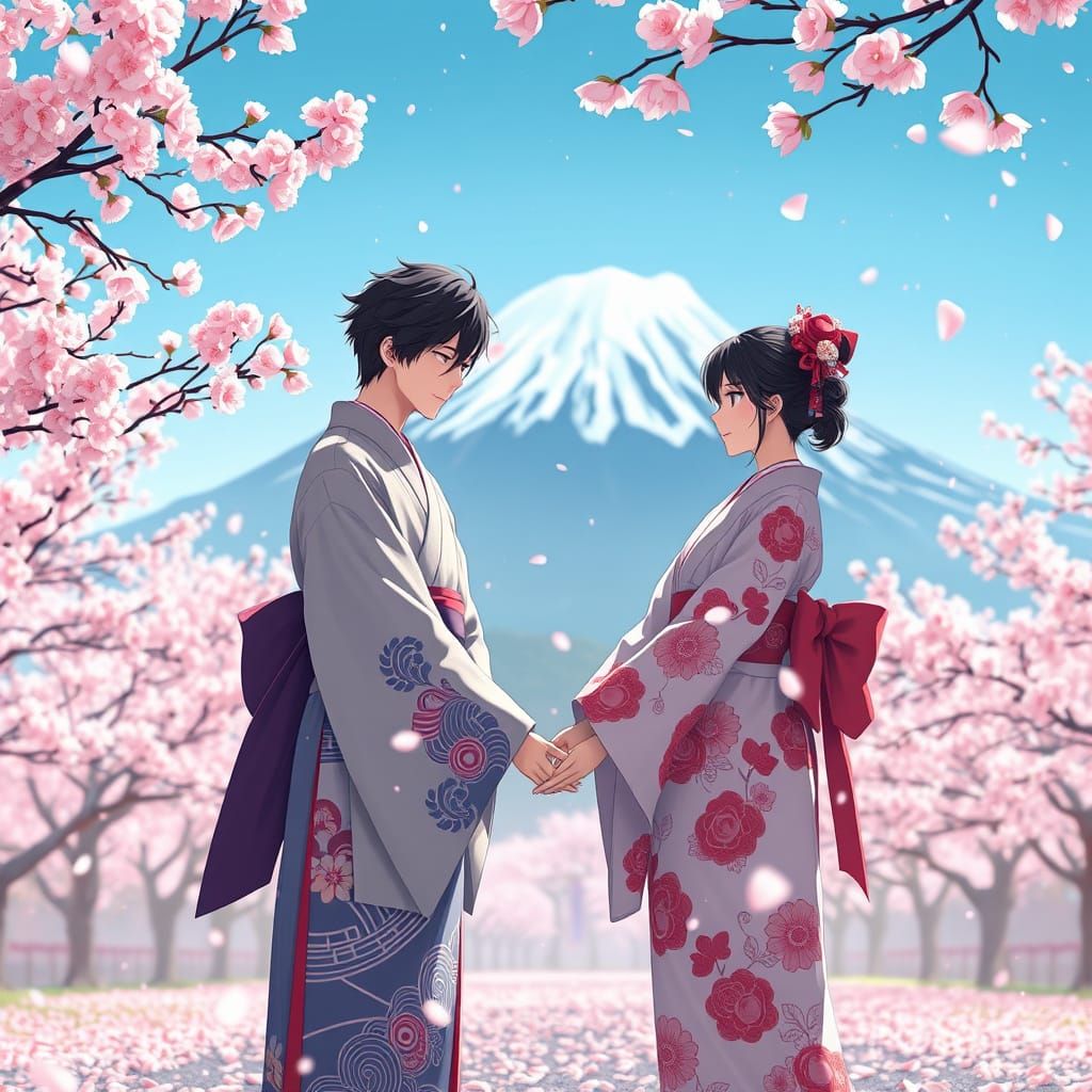 Traditional Japanese Couple Embracing in Cherry Blossom Wond...