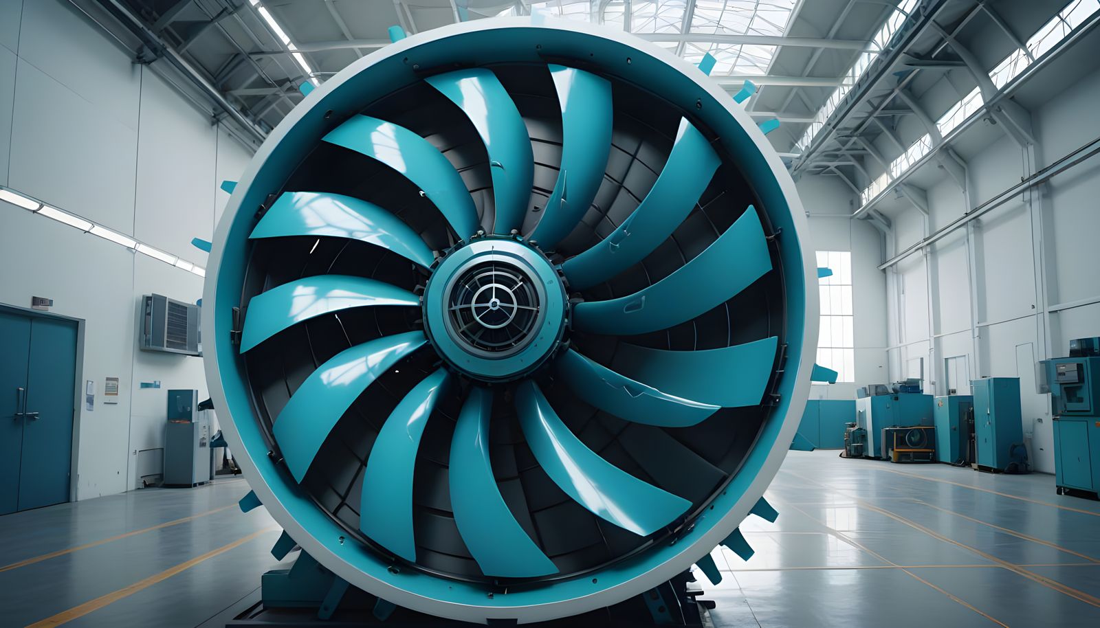High-Tech Turbine with Turquoise Blades in White Hall