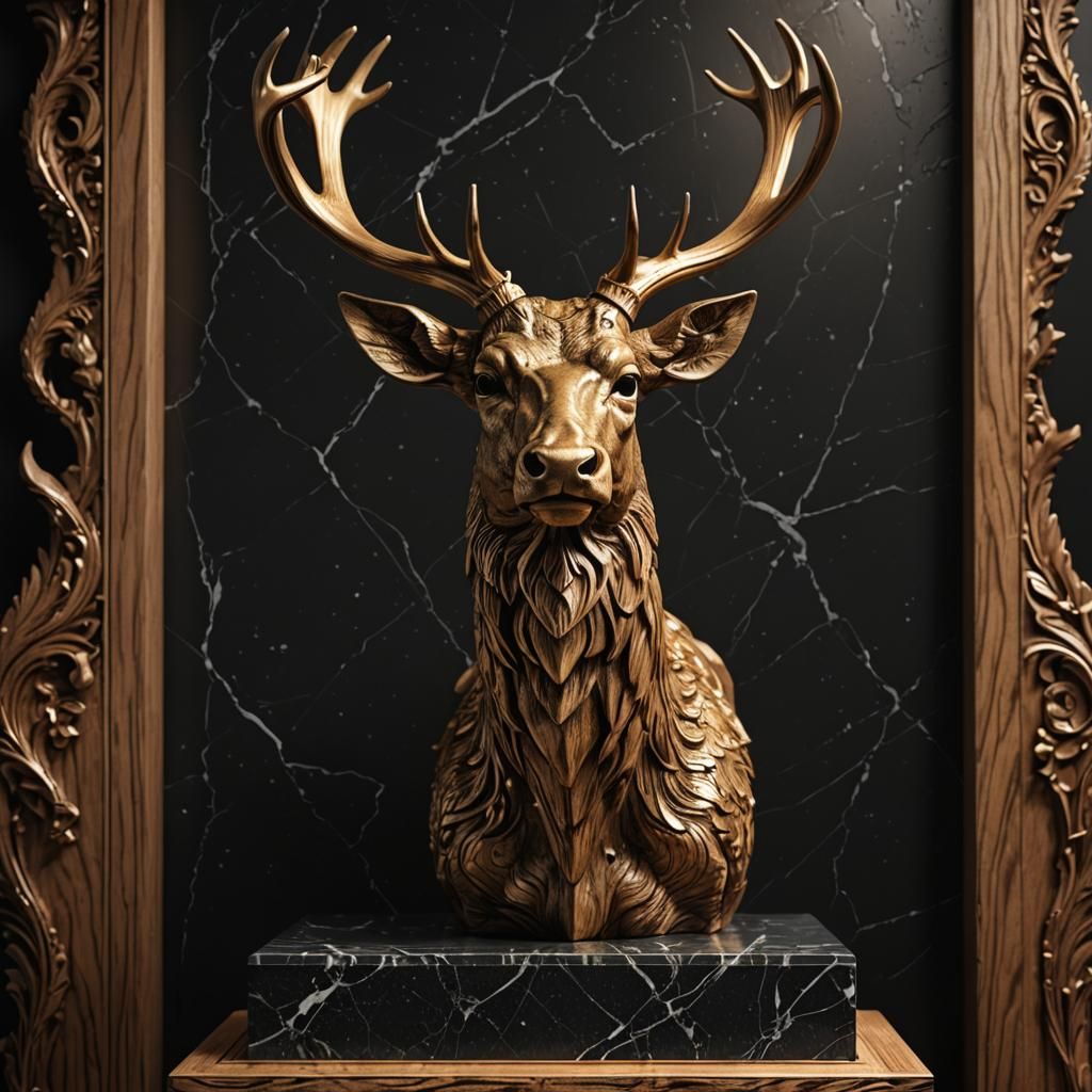 Art Deco Deer Head Carving on Marble Pedestal