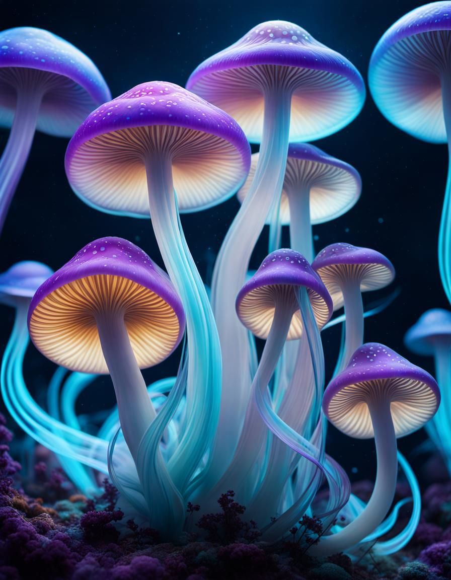 Luminescent Celestial Mushrooms with Ghostly Smoke