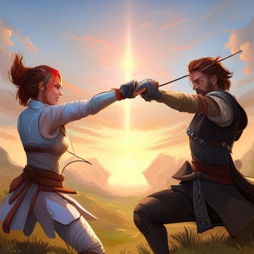 Fencers Duel on Cliff Edge in Dynamic Lighting