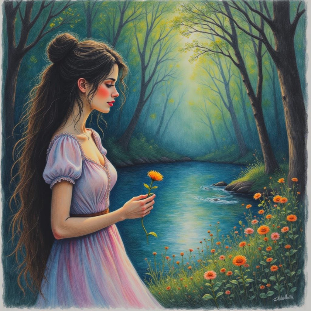 Lady with Flower in Forest, Watercolor and Crayon Style