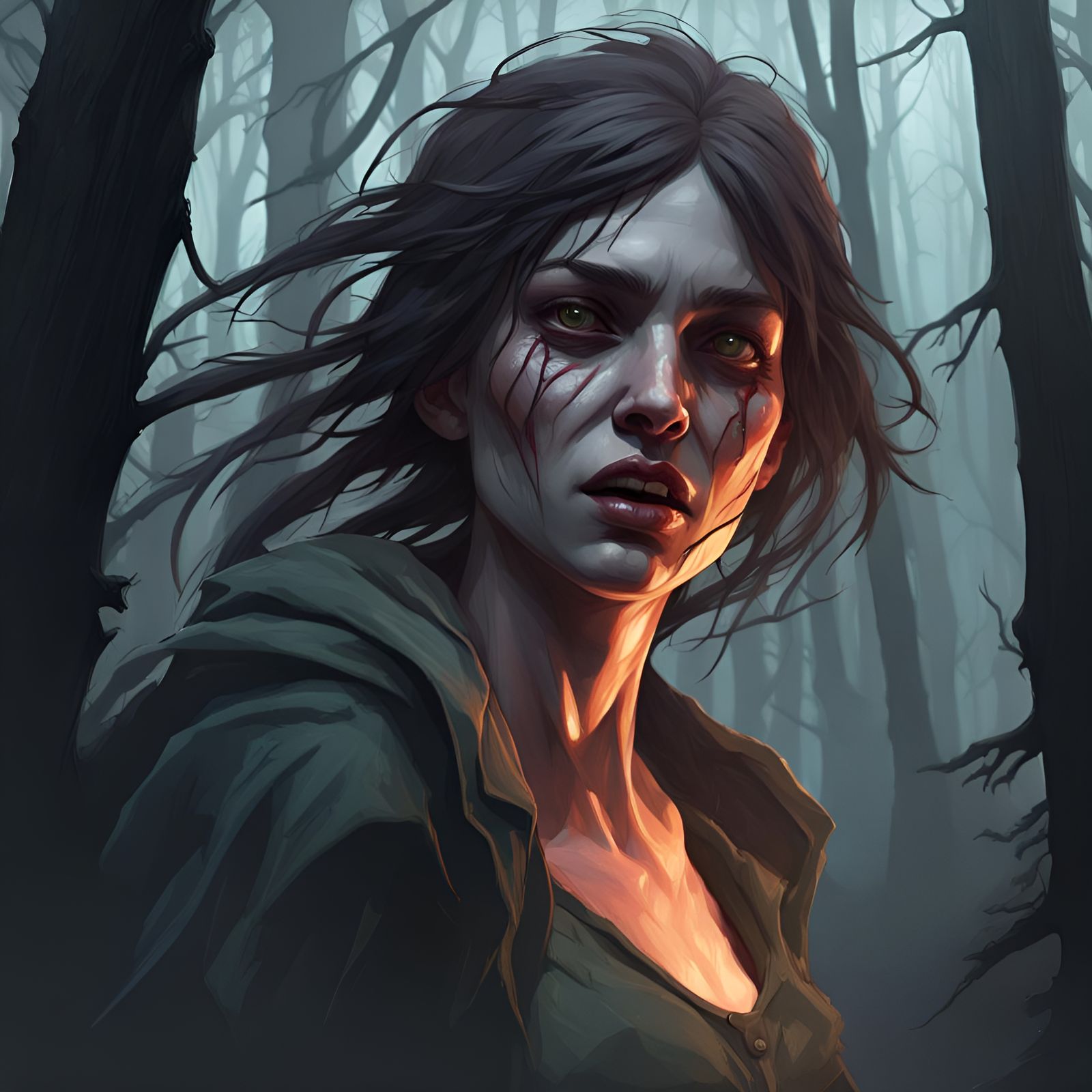 Terrifying Woman in Dark Forest, Digital Art