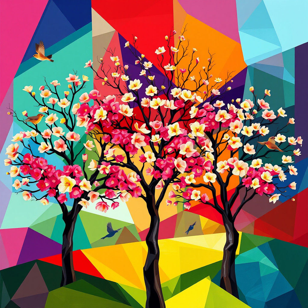 Vibrant Spring Trees in a Kaleidoscopic Cubist Landscape