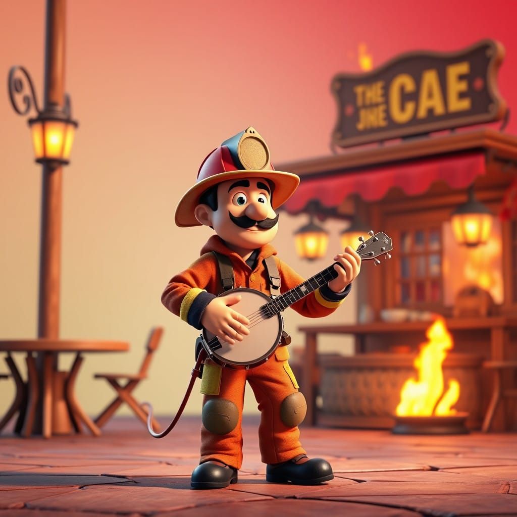 Fireman Plays Banjo Amidst Blazing Cafe in 3D Cartoon Style