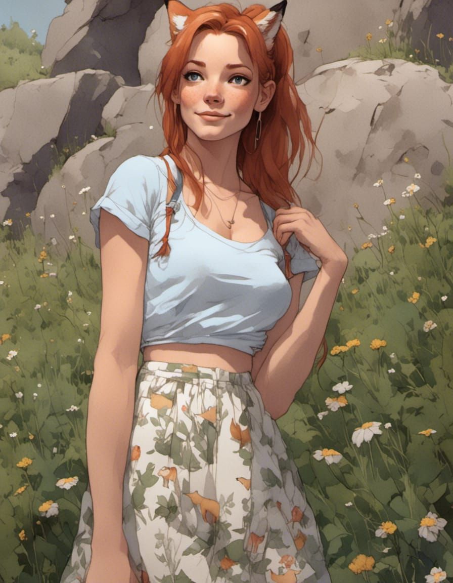 Fox-girl VIXEN wearing a flower pattern skirt.